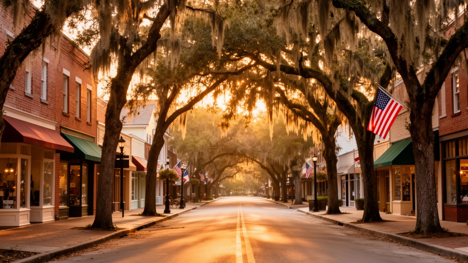 Tree-lined Central Florida main street at golden hour